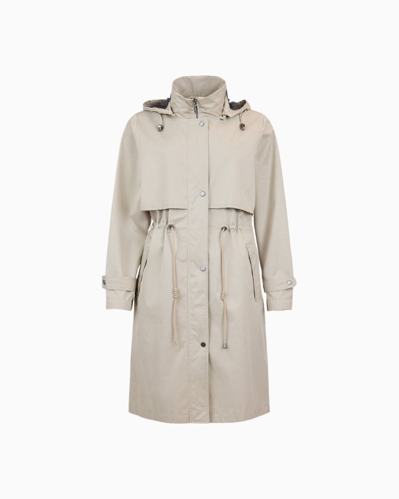 Frandsen beige raincoat zip and snap front detail