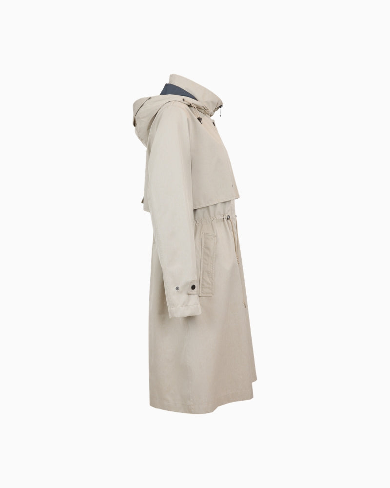 Frandsen hooded raincoat beige side view with drawstring waist