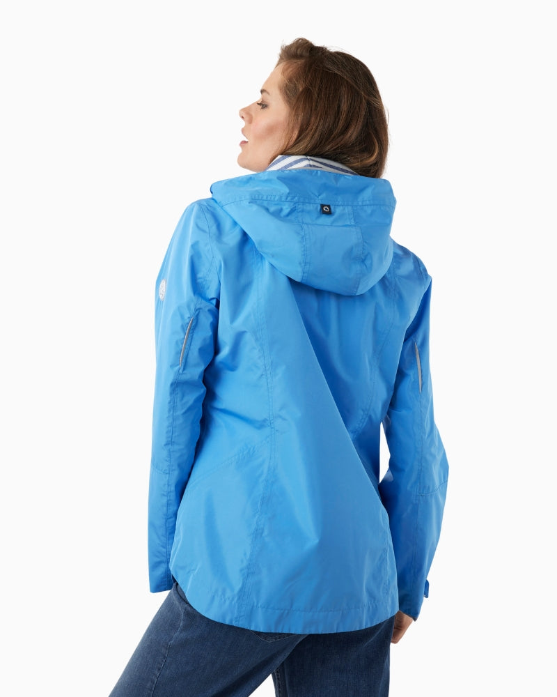 Frandsen rain jacket blue hooded back view