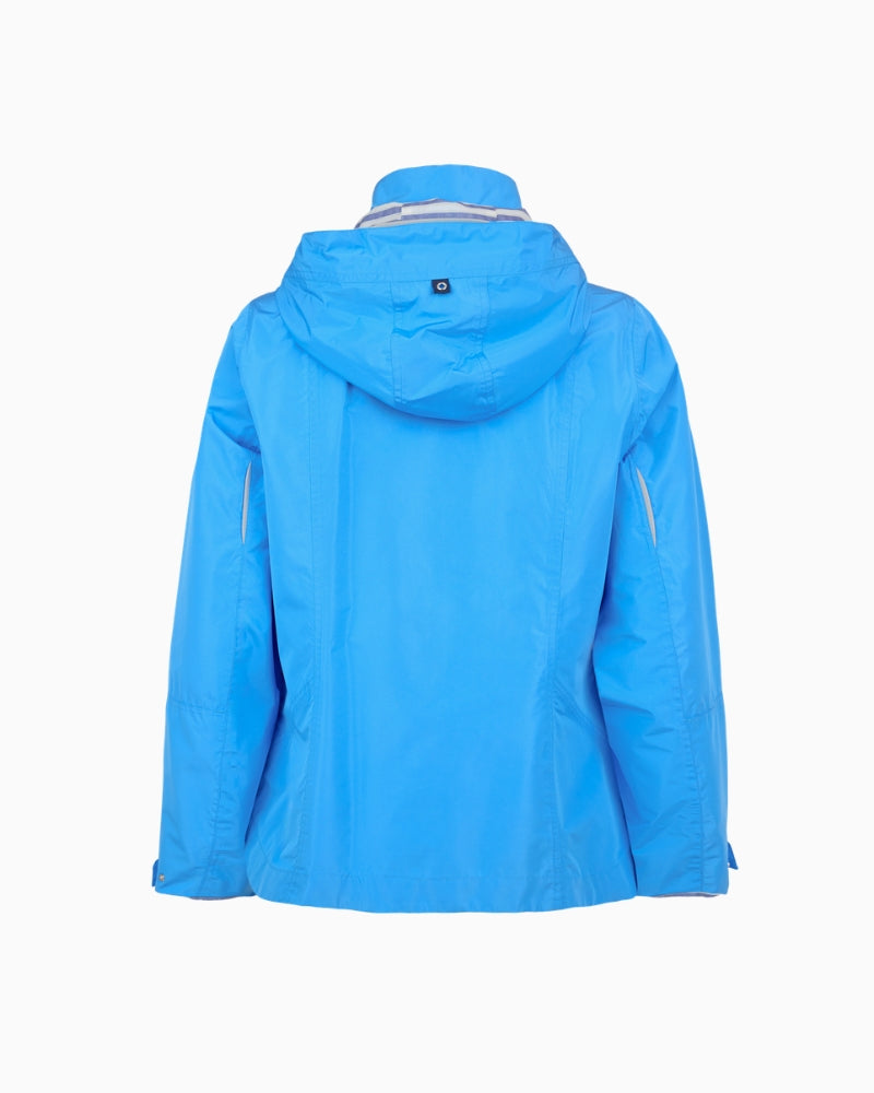 Frandsen rain jacket blue hooded flat lay back view