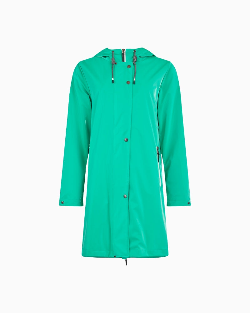 Frandsen rain jacket teal flat lay front view