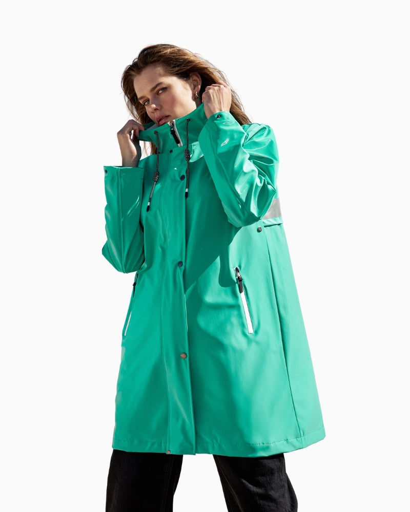 Frandsen rain jacket teal front view