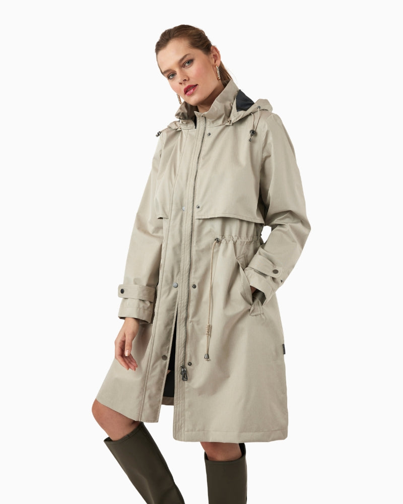 Frandsen raincoat beige front view with hood