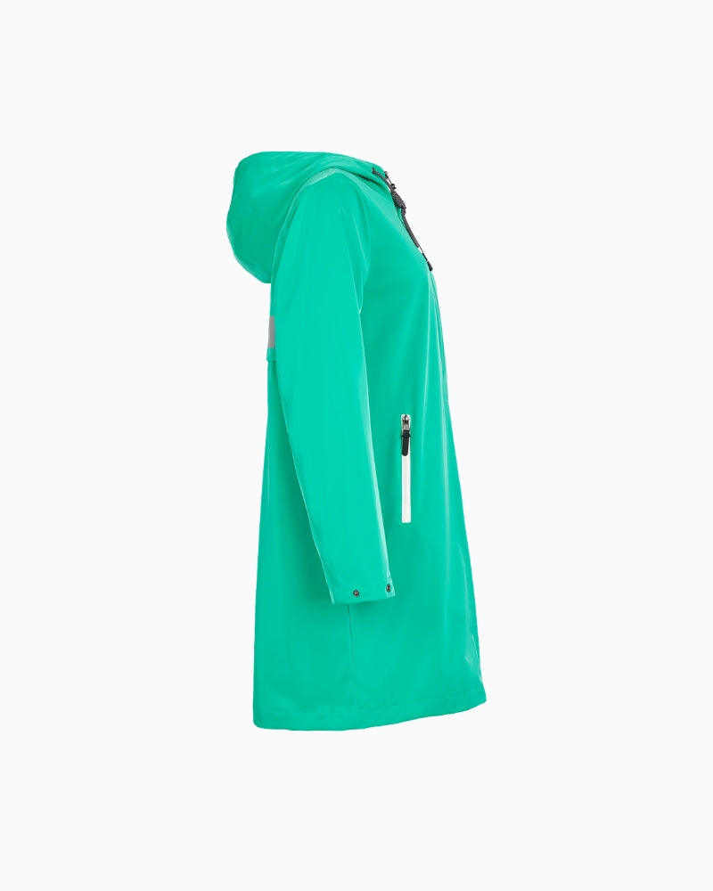 Frandsen raincoat teal side view long length