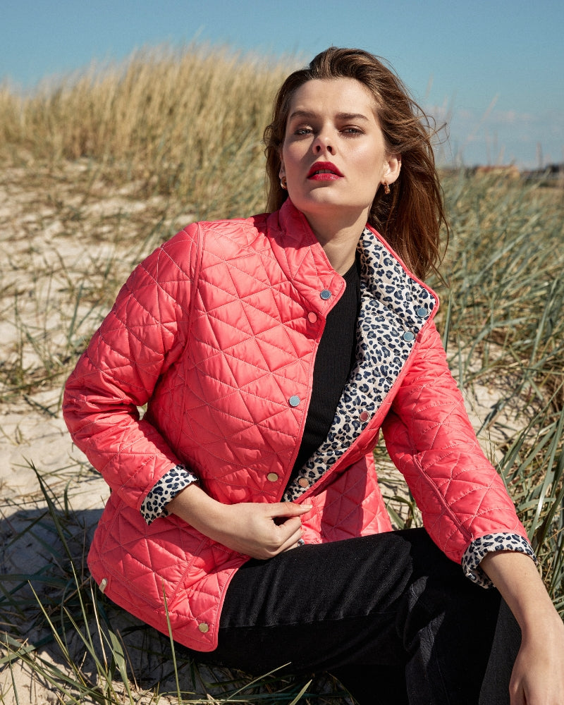 Frandsen reversible jacket pink multi coral quilted reverse front view on model