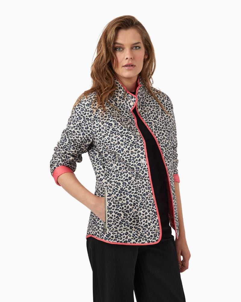 Frandsen reversible jacket pink multi leopard print front view on model