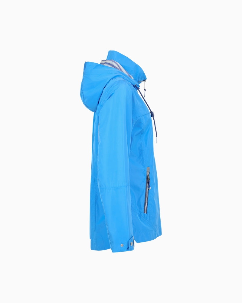 Frandsen waterproof jacket blue side view with funnel neckline