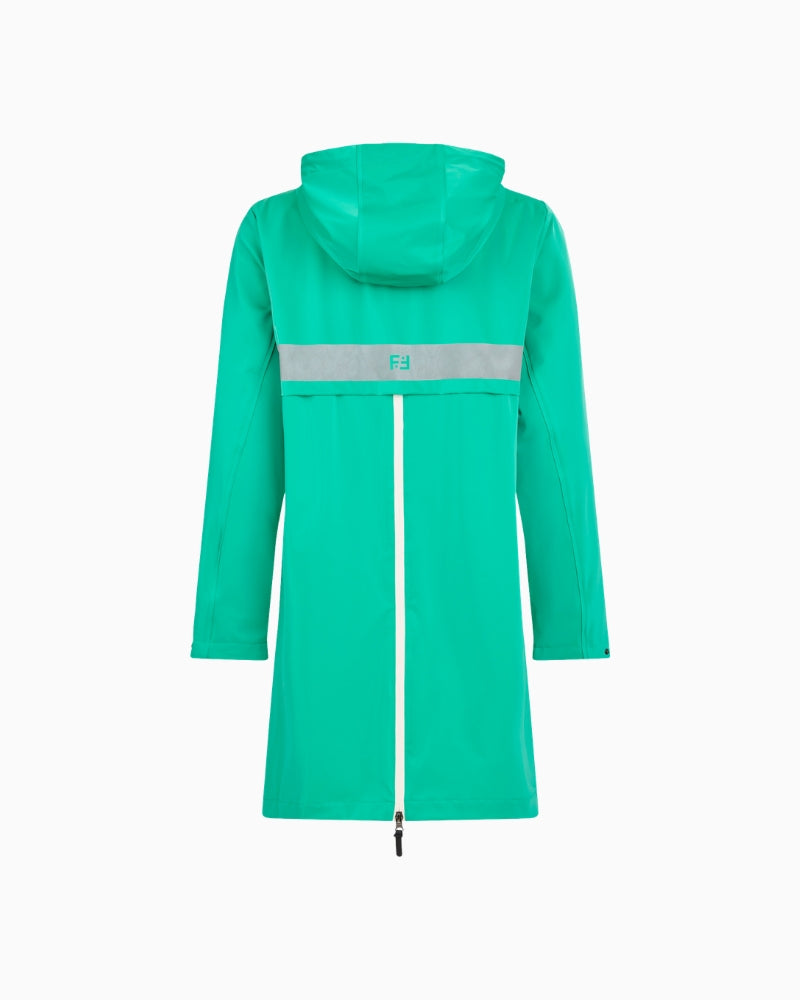 Frandsen waterproof jacket teal back view with hood