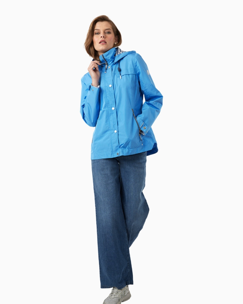 Frandsen waterproof rain jacket blue front view on model