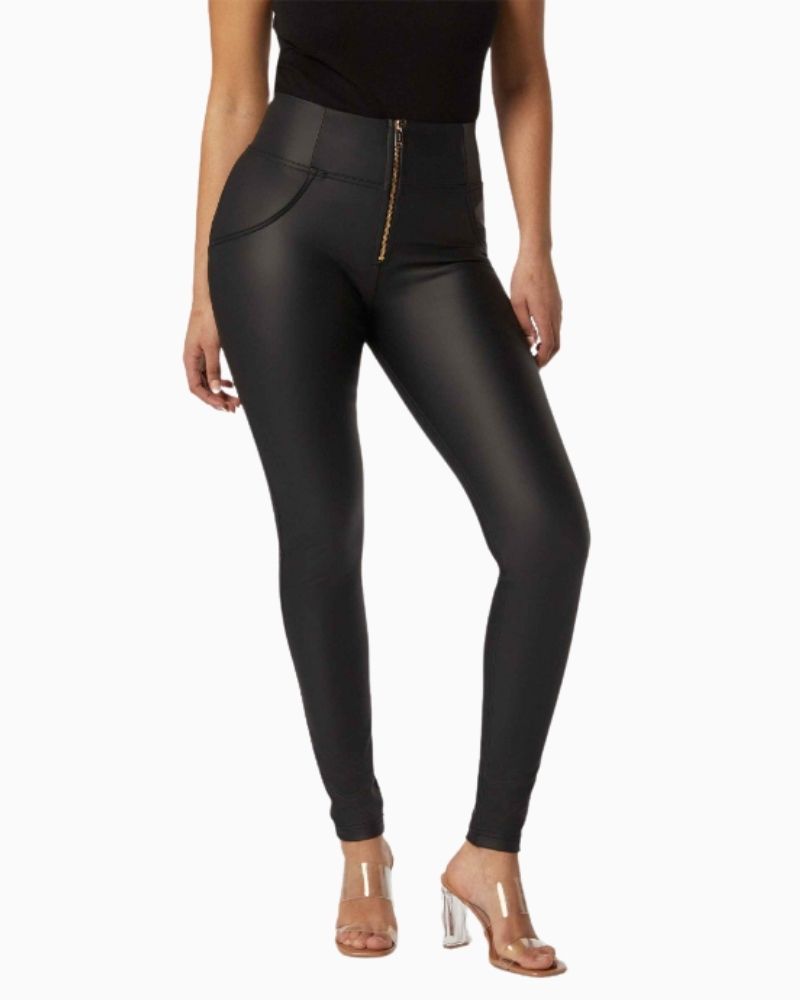 Freddy Faux Leather Lace-Up High Waist Trousers in sleek black finish