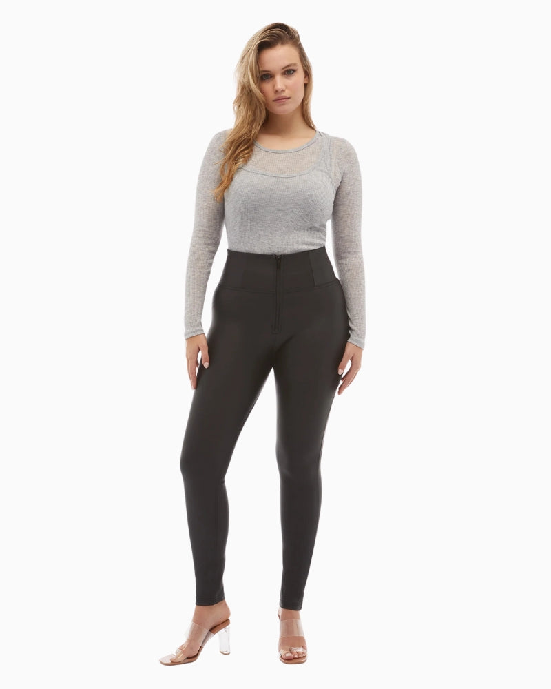 Freddy black leather-look trousers styled with heels 