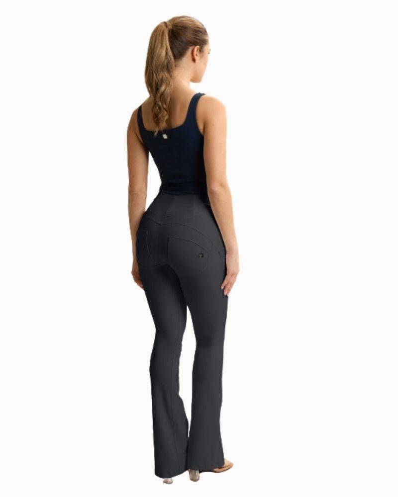 Back of Freddy cropped faux leather trousers in black with high waist and flared leg