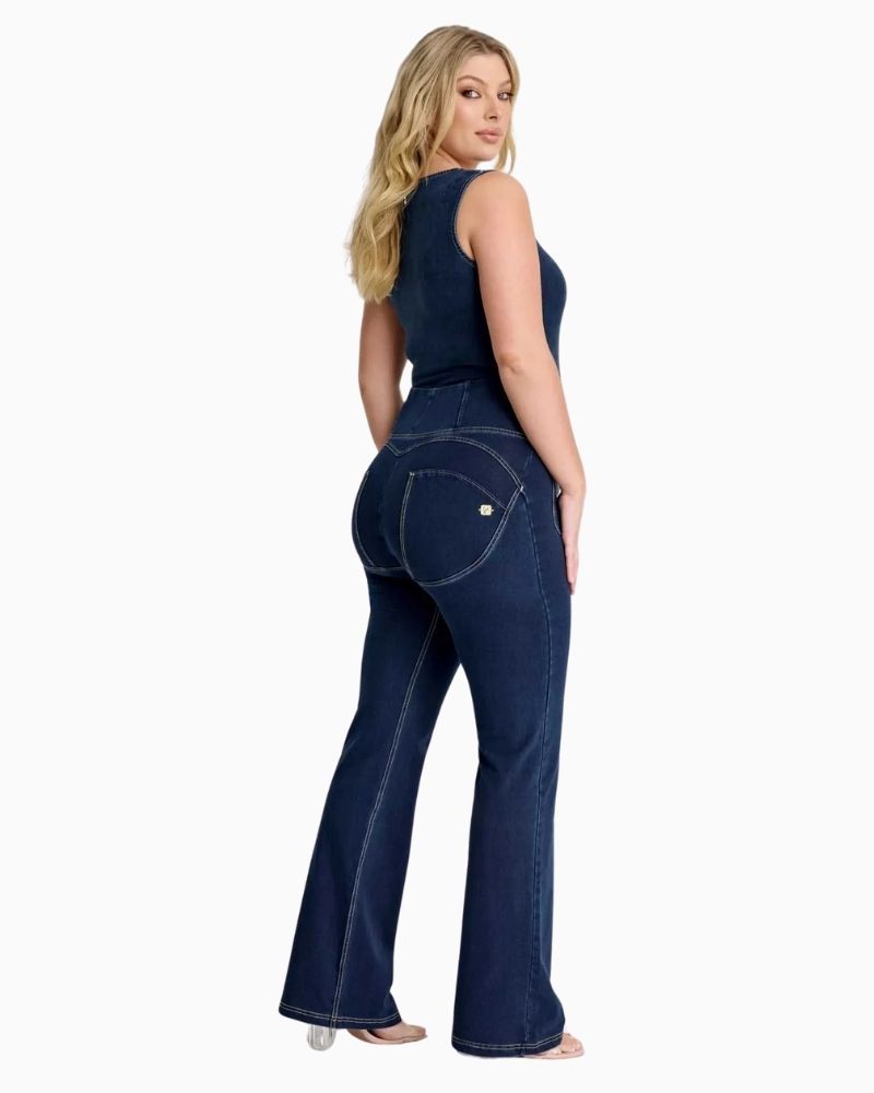 Side view of Freddy sculpting flare jeans showing flattering flare silhouette