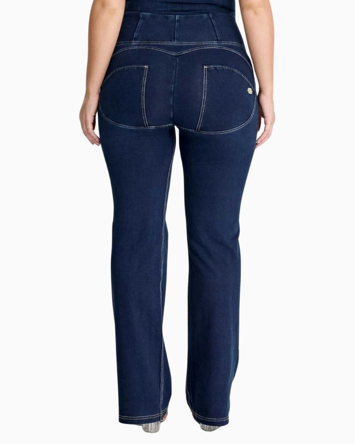 Back view of Freddy sculpting flare jeans showing flattering flare silhouette
