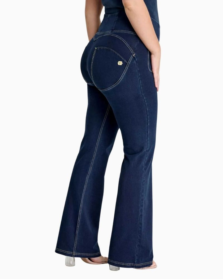 Side view of Freddy sculpting flare jeans showing flattering flare silhouette