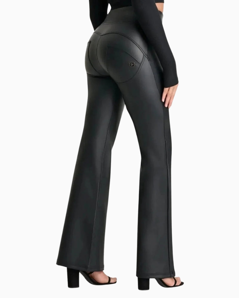 Freddy High Rise Leather Look Flare Trousers in black back view