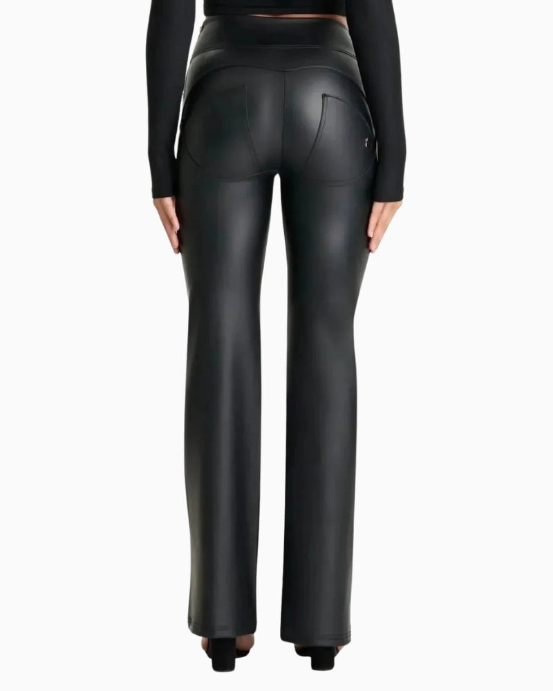 Freddy High Rise Leather Look Flare Trousers in black back detail