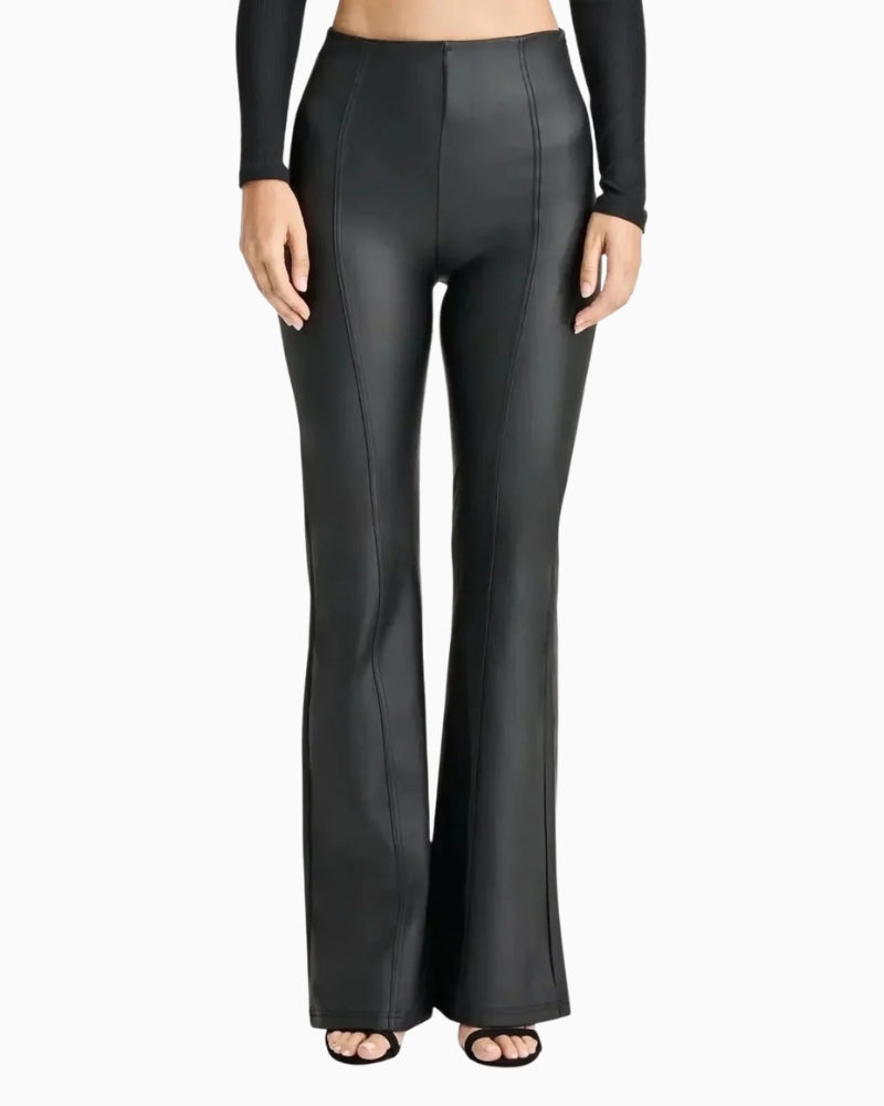 Freddy High Rise Leather Look Flare Trousers in black front view