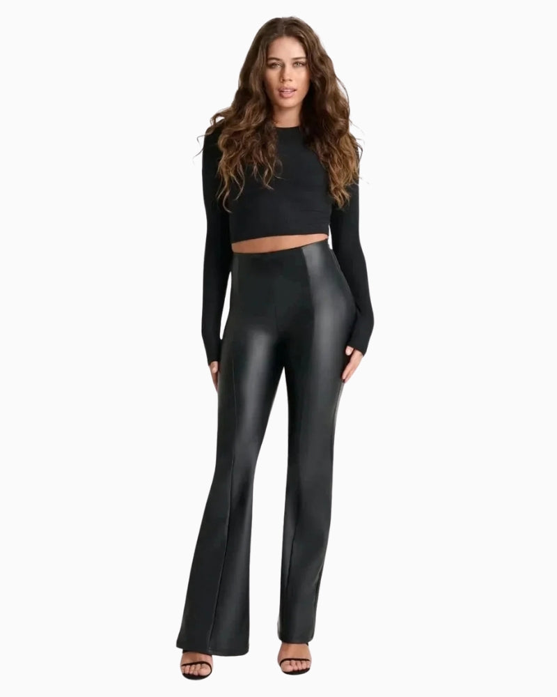 Freddy High Rise Leather Look Flare Trousers in black leather-look finish detail