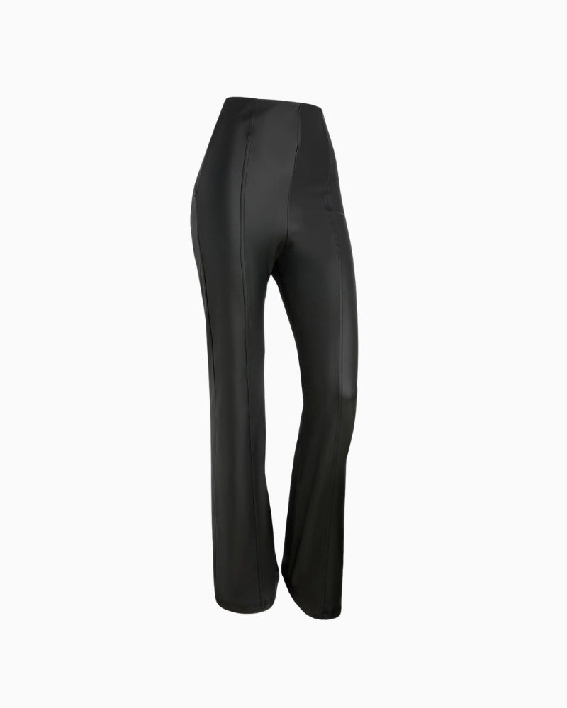 Freddy High Rise Leather Look Flare Trousers in black side view