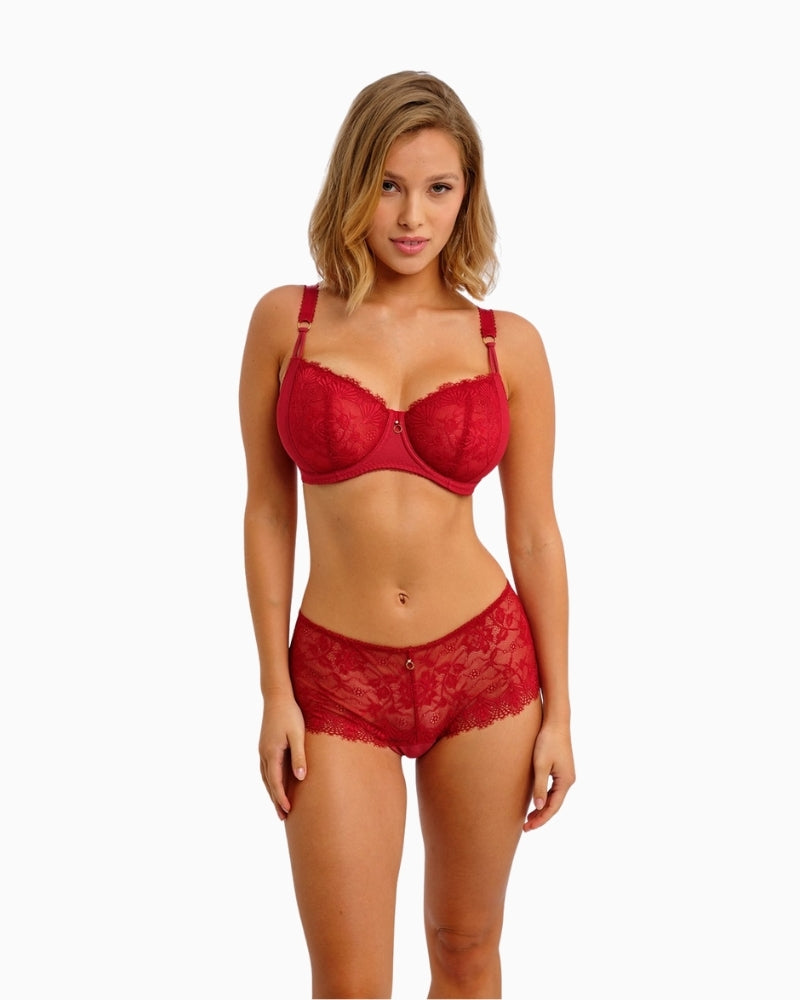 Freya balconette bra in cherry red with sheer lace cups and gold detail