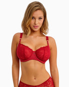 Front view of Freya Fascinate bra showing balconette shape and eyelash lace