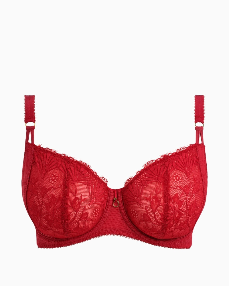 Front view of Freya Fascinate bra showing balconette shape and eyelash lace