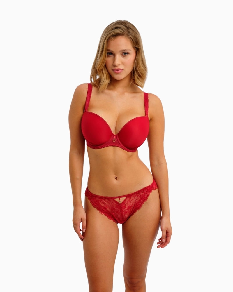 Freya Fascinate cherry red lace brief with scalloped edges and eyelash trim