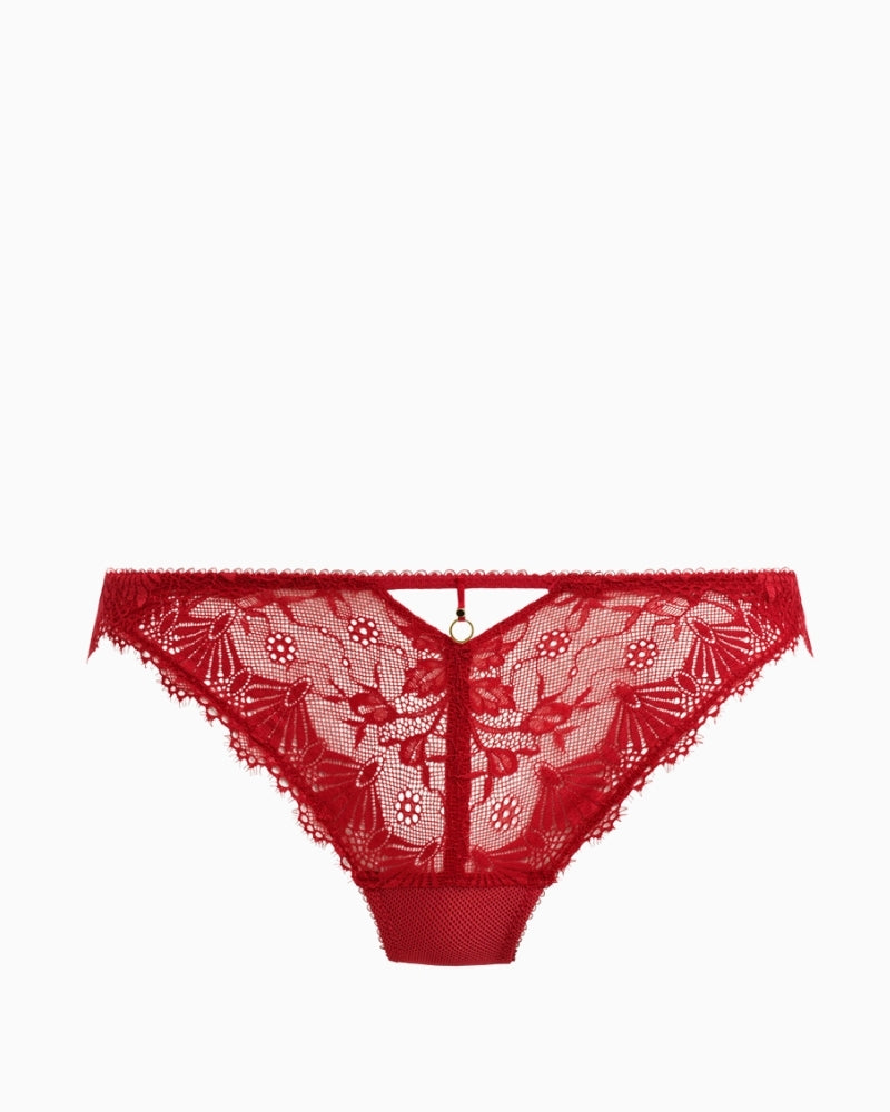 Freya Fascinate cherry red lace brief with scalloped edges and eyelash trim