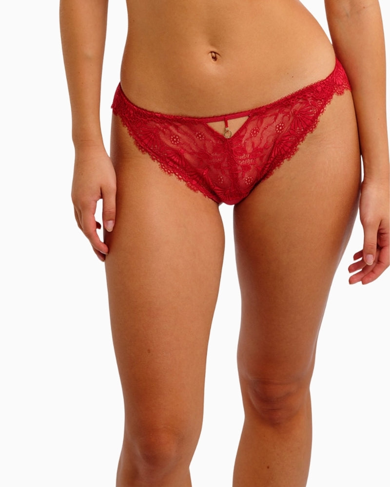 Freya Fascinate cherry red lace brief with scalloped edges and eyelash trim
