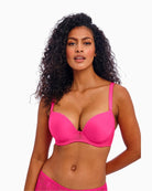 Freya Fascinate moulded plunge bra in hot pink with lace sling detail