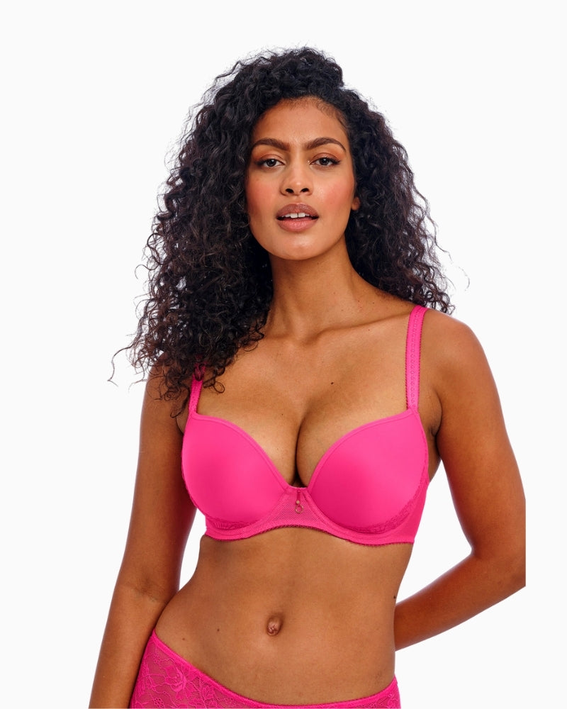 Freya Fascinate moulded plunge bra in hot pink with lace sling detail