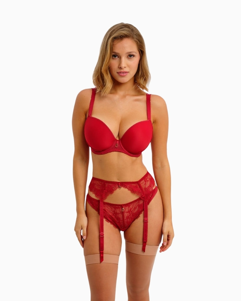 Freya Fascinate suspender in cherry red with eyelash lace and gold charm