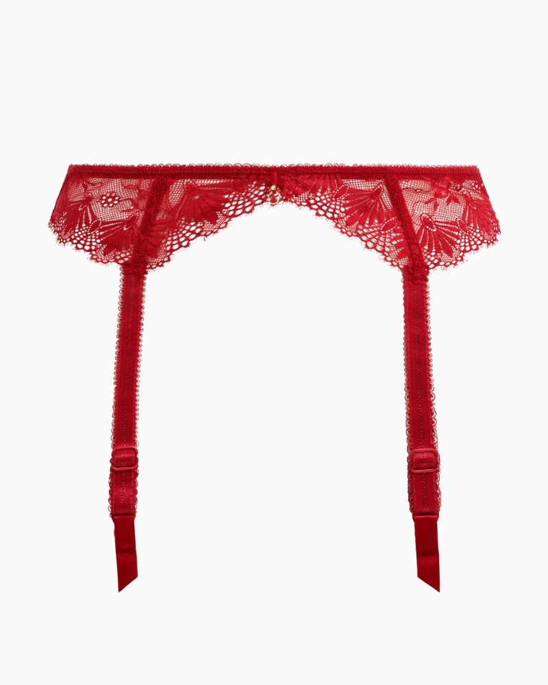 Front view of Freya cherry suspender showing lace and adjustable straps