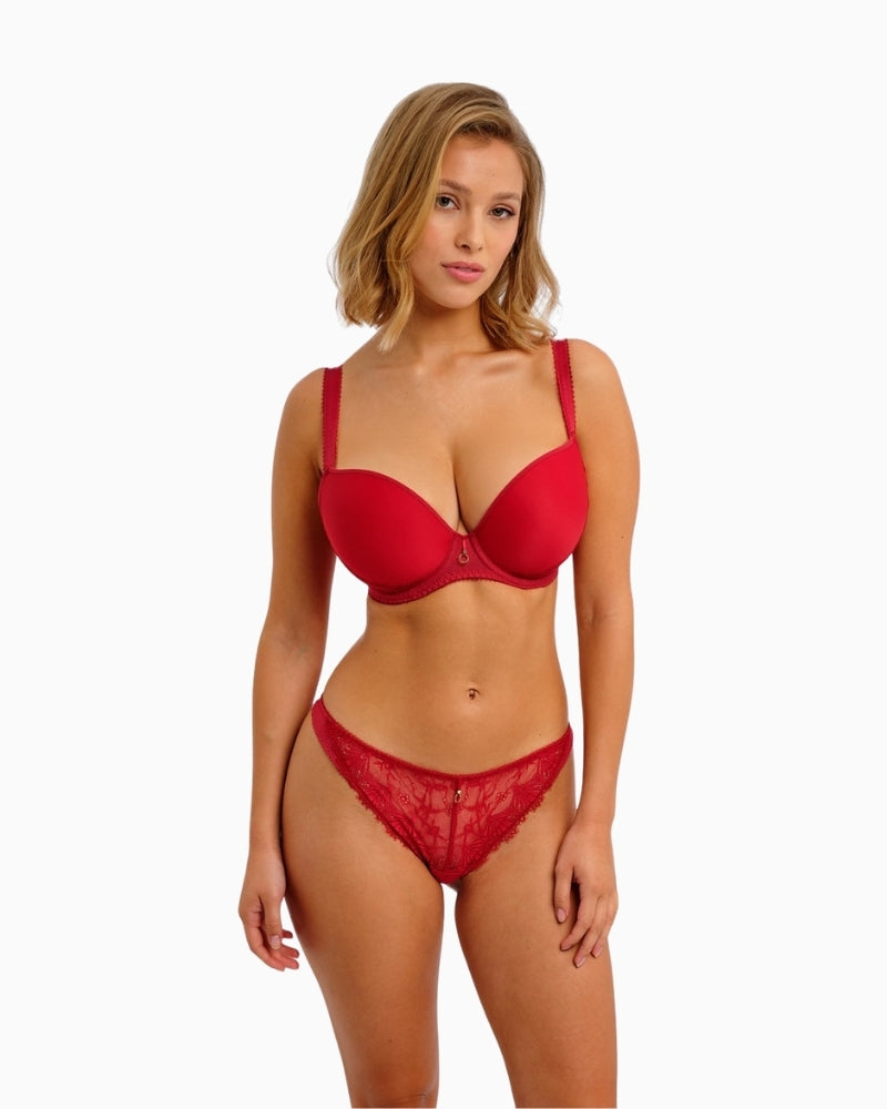 Freya Fascinate thong in cherry red with sheer mesh and eyelash lace detail