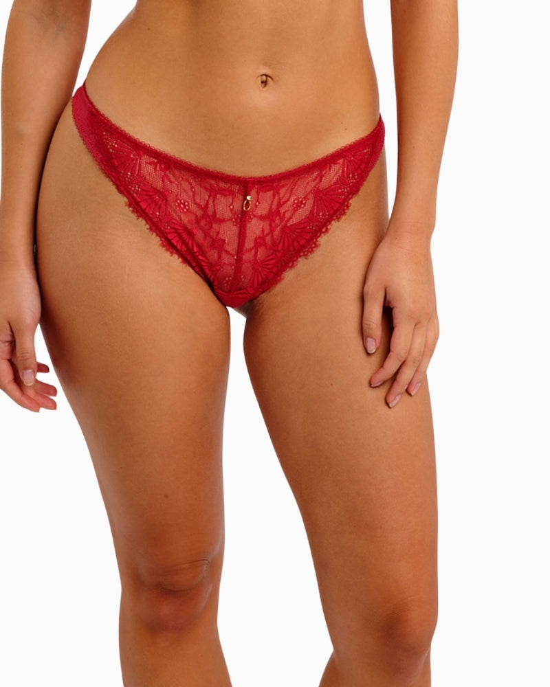 Freya Fascinate thong in cherry red with sheer mesh and eyelash lace detail