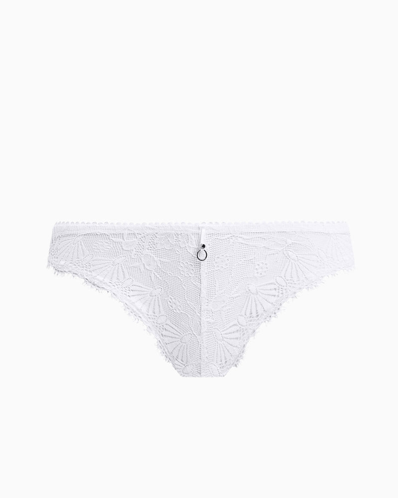 White lace thong with floral pattern and small front charm detail