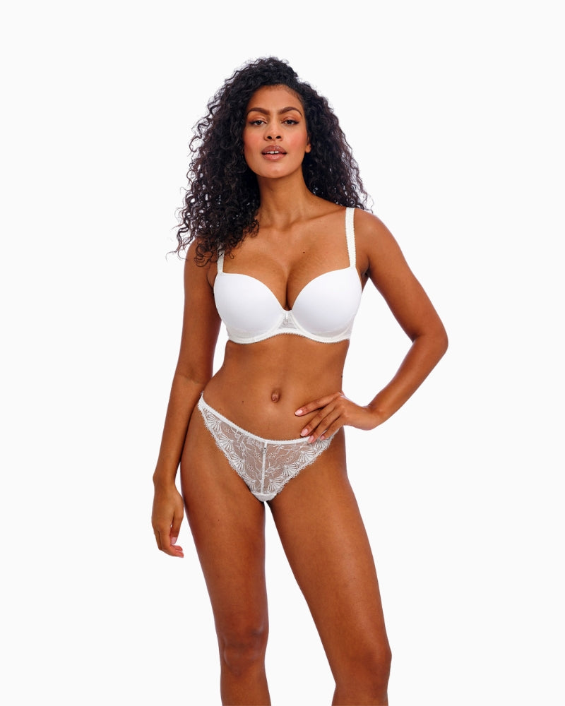 Matching white lace bra and thong set with floral embroidery