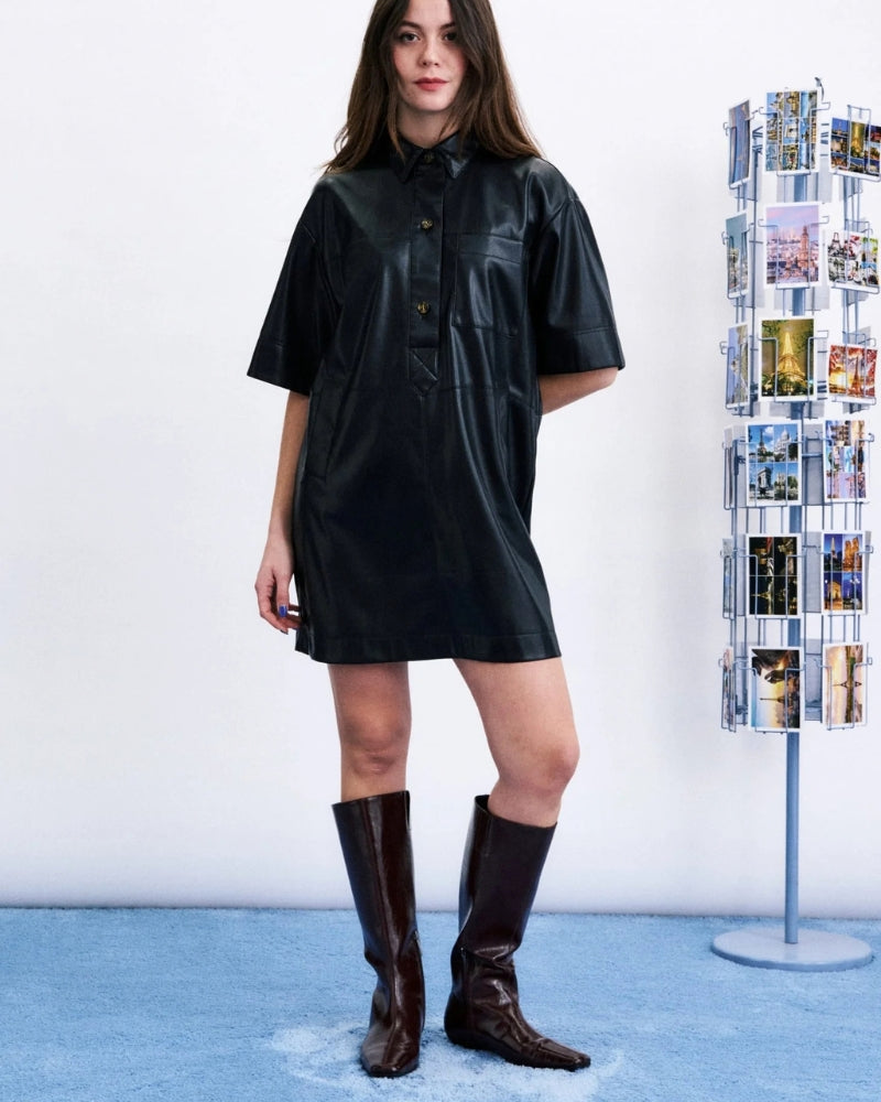 Frnch Harter Dress in Black faux leather finish detail