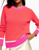 Detail of ribbed neckline and cuffs on two-tone GCS® certified cashmere sweater