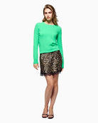 Styled look featuring the From Future green cashmere sweater with Leopard skirt