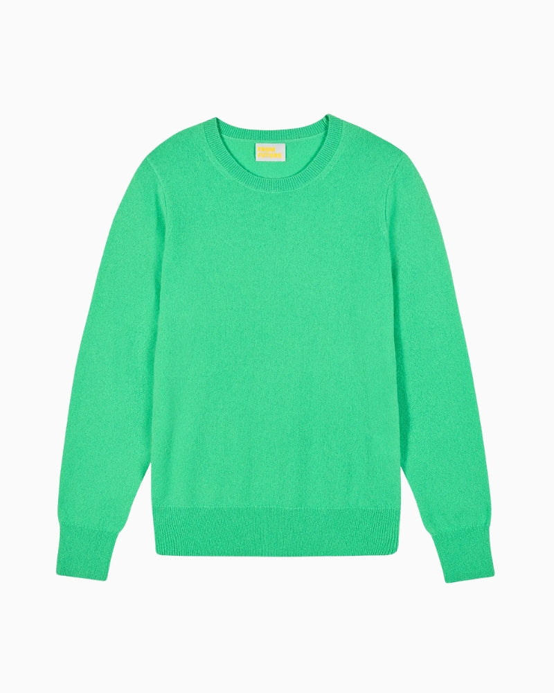 Front view of slim-fit green cashmere jumper showing soft crew neckline