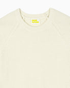 Close-up of fine knit cashmere texture and crew neckline