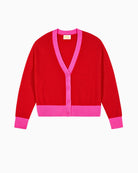 Flat lay front view of women’s red cashmere cardigan with button fastening