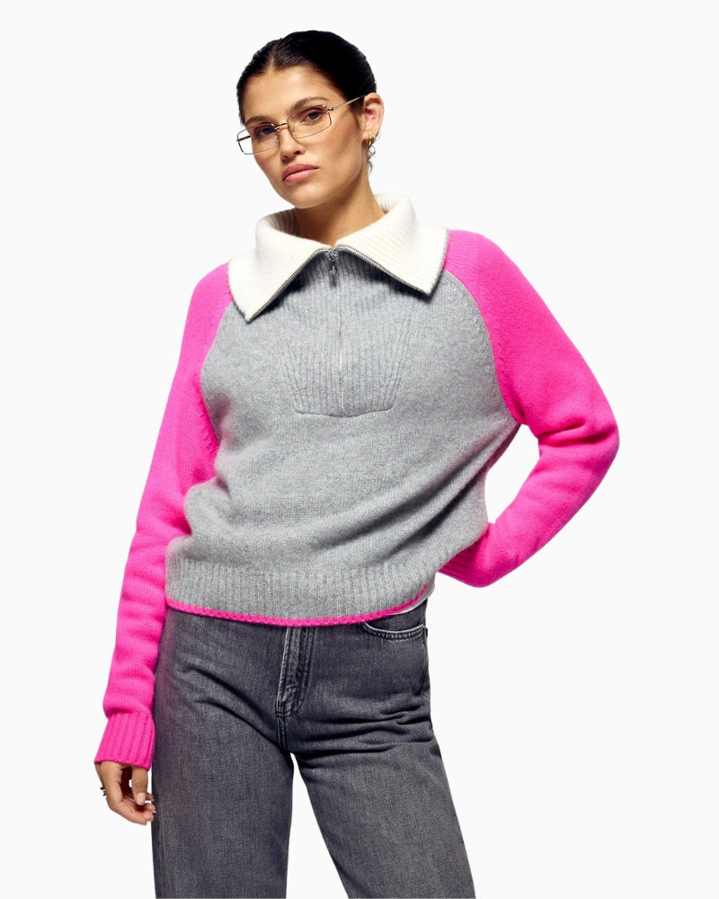 From Future dark grey quarter zip cashmere sweater for women with ribbed trims