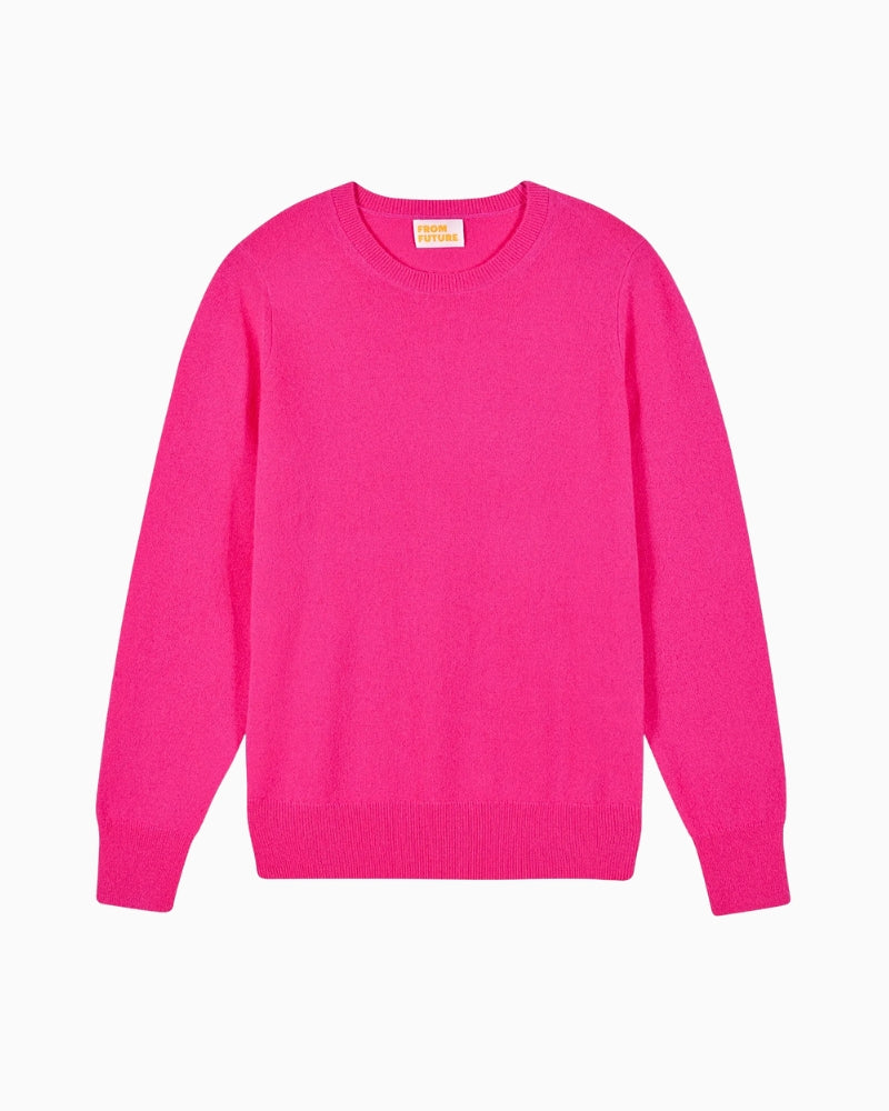 Flat lay front view of From Future Solar Pink cashmere crewneck sweater with slim fit