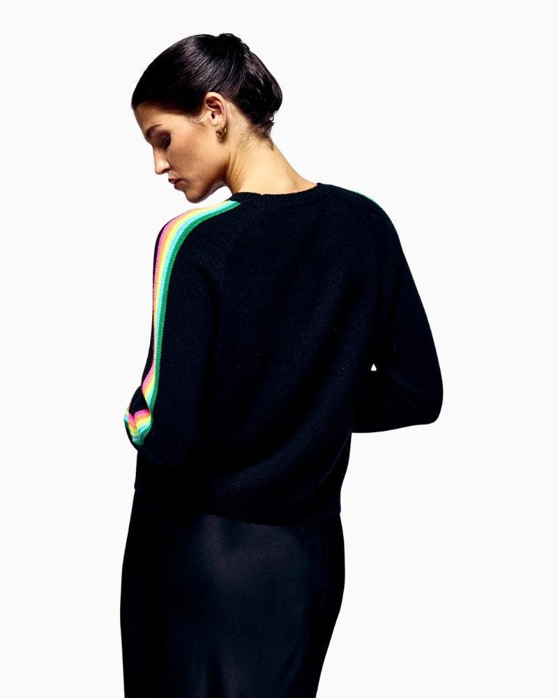 Back view of black cashmere sweater with ribbed edges
