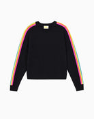Front view of cropped black cashmere crewneck with striped sleeves