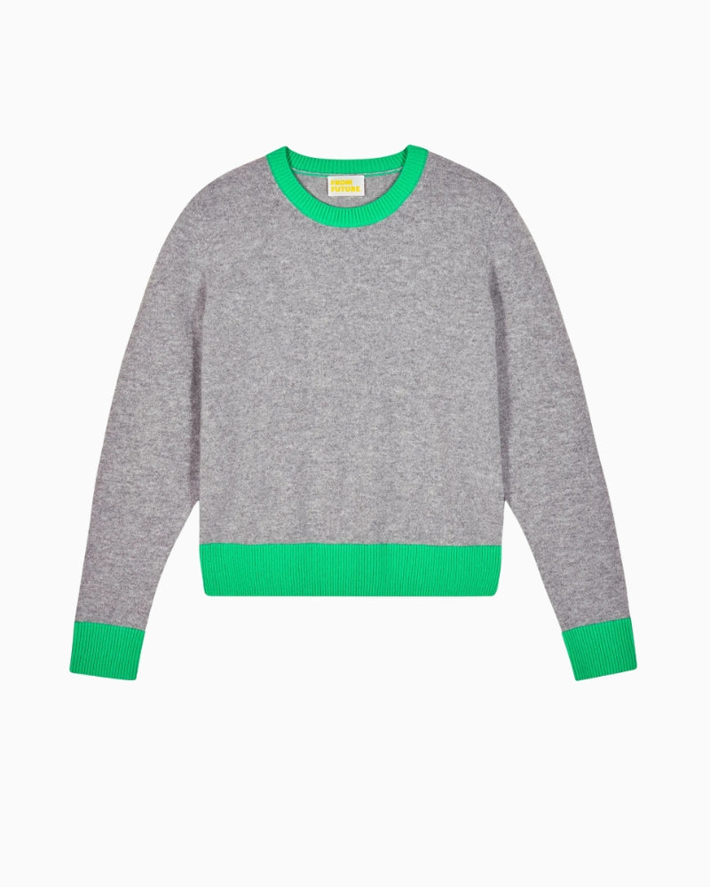 Front view of grey cropped cashmere sweater with contrast trim