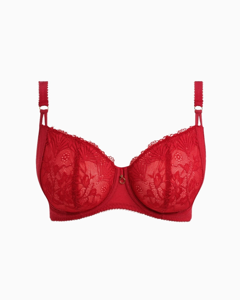 Front view of Freya Fascinate bra showing balconette shape and eyelash lace